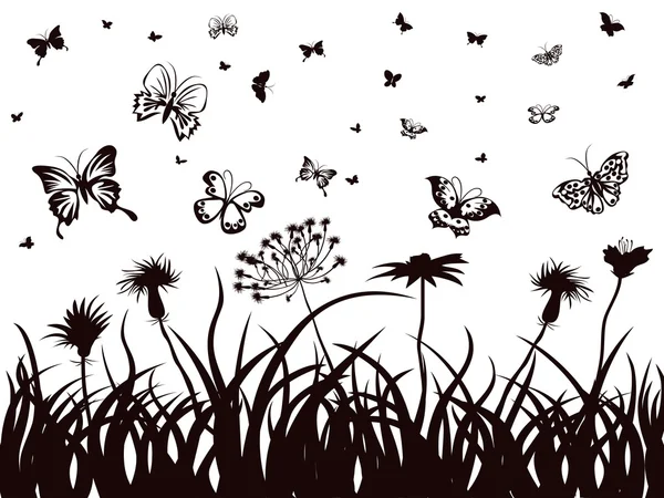 Kelebekler, çiçekler ve çim — Stok Vektör