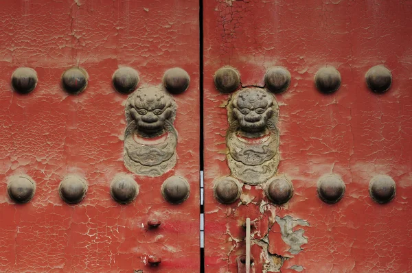 Старая дверь со львиными статуями — стоковое фото