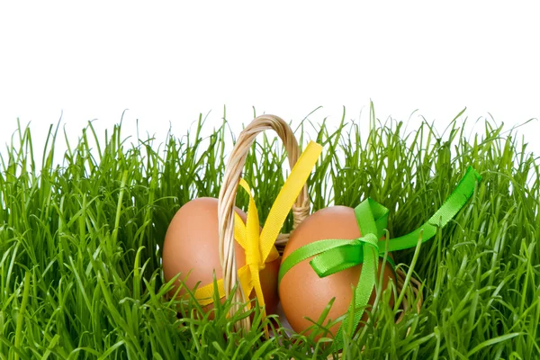 Cesta com ovos de Páscoa — Fotografia de Stock