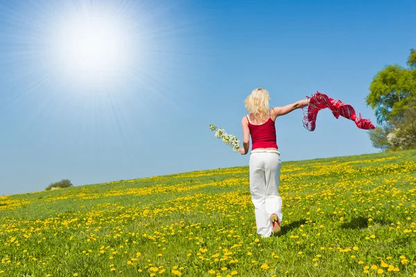 Mujer joven con una bufanda roja en un prado —  Fotos de Stock
