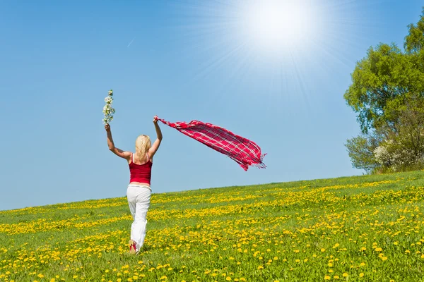 牧草地に赤いスカーフを持つ若い女 — ストック写真