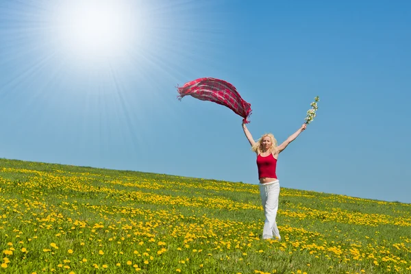 Jeune femme avec une écharpe rouge sur une prairie — Photo