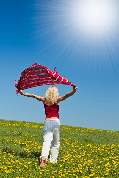 Jonge vrouw met een rode sjaal op een weide — Stockfoto