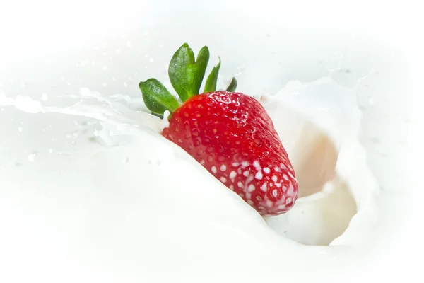 Morango salpicando no leite — Fotografia de Stock