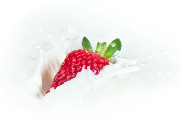 Morango salpicando no leite — Fotografia de Stock