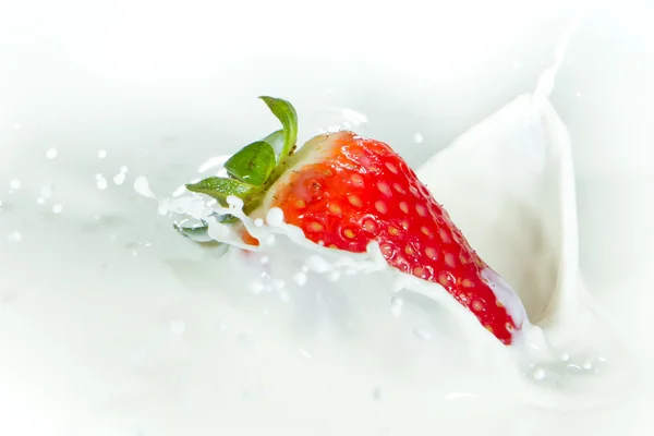 Jordgubbsstänk i mjölk — Stockfoto