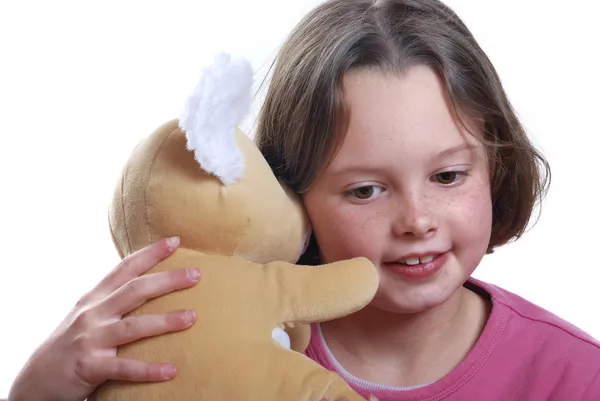 Menina Jovem Abraçando Ursinho Pelúcia — Fotografia de Stock
