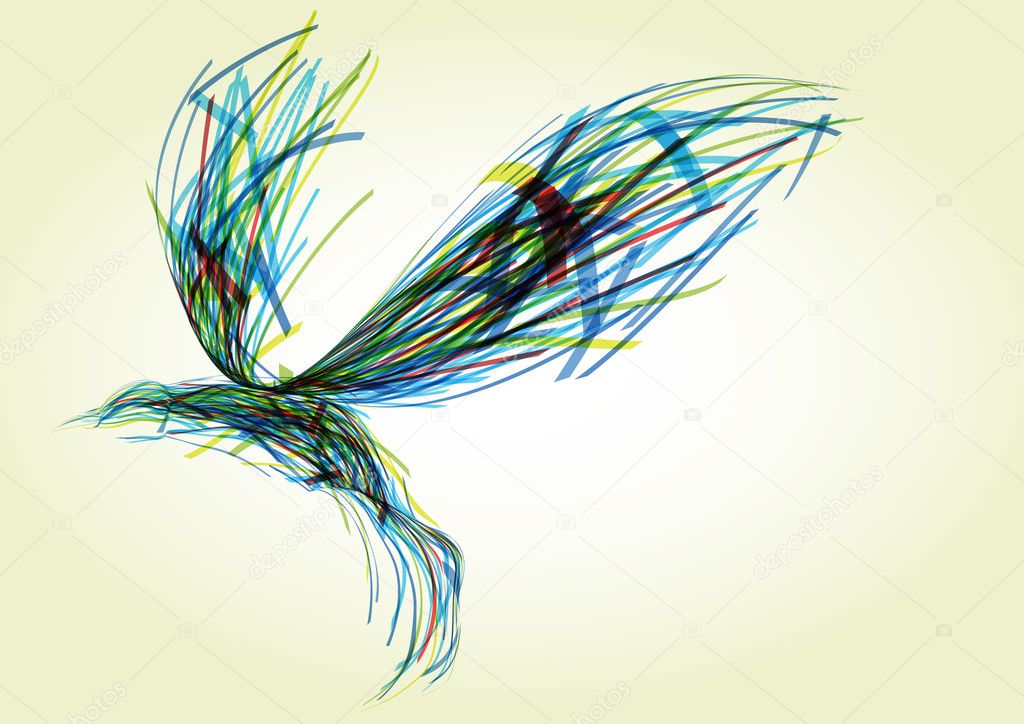 Flying abstract bird, consisting of randomly dispersed colored ribbons