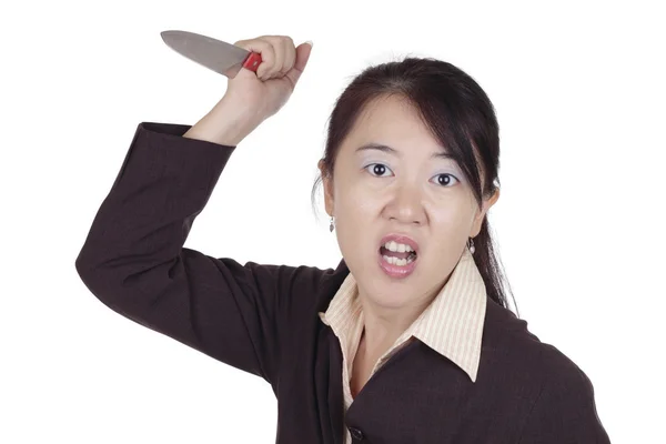 Boos zakenvrouw met mes — Stockfoto