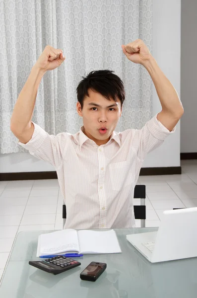 Asian College Student Raising Arms Triumph — Stock Photo, Image