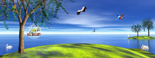 Bir kafes ve özgür kuş papağan — Stok fotoğraf