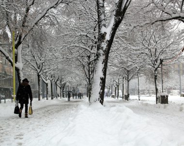 Walkers in Plainpalais place by winter, Geneva, Switzerland clipart