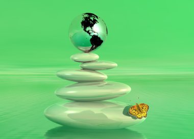 Earth on balanced white stones with a colored butterfly upon the ocean in a green background clipart
