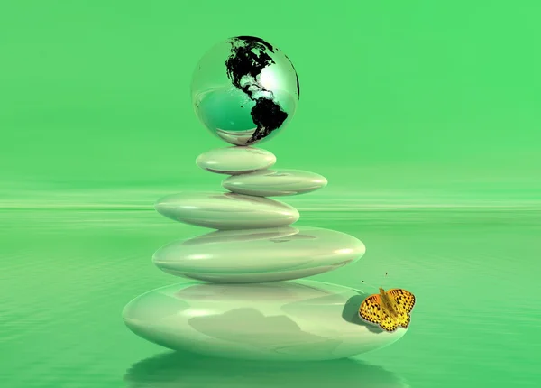 Ισορροπημένη Άσπρες Πέτρες Ένα Χρωματιστό Πεταλούδα Προς Τον Ωκεανό Πράσινο — Φωτογραφία Αρχείου
