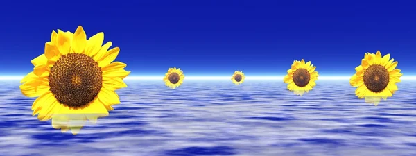 Vier Sonnenblumen Auf Einem Bewölkten Blauen Himmel — Stockfoto