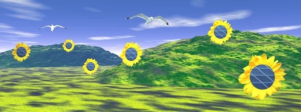 Solar panels in sunflowers — Stock Photo, Image