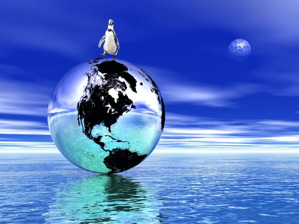 Pinguino Che Cammina Una Terra Sull Oceano Notte Blu Profondo — Foto Stock