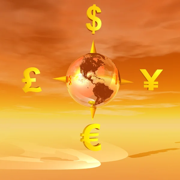 Earth compass to currencies — Stock Photo, Image
