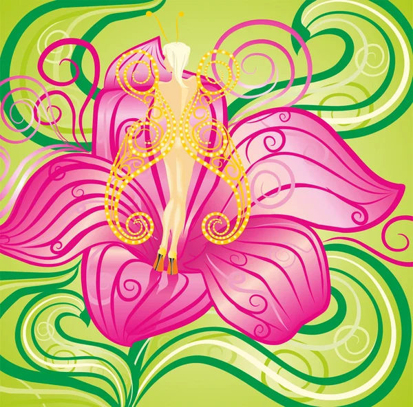 Chica mariposa en flor rosa — Vector de stock