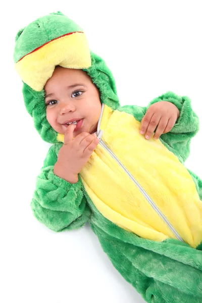 Αξιολάτρευτο μωρό αγόρι ντυμένος σαν βάτραχος — Φωτογραφία Αρχείου