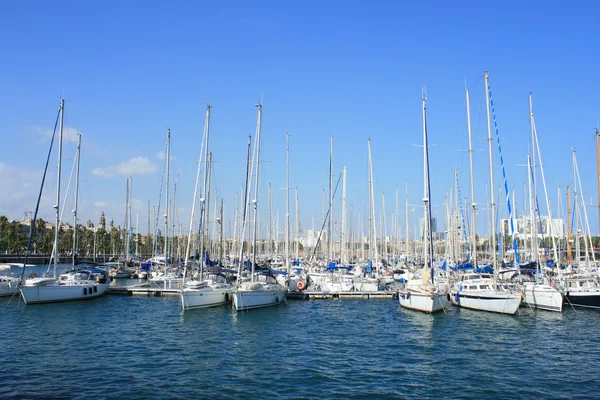 stock image Yachts at Port Vell in Barcelona.