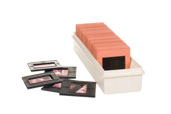 Velho Slidebox Com Slides Isolados Sobre Branco — Fotografia de Stock