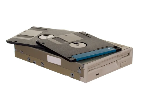 Diskettestation Met Diskettes Geïsoleerd Wit — Stockfoto