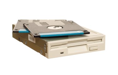 Floppy disk drive with diskettes isolated over white clipart
