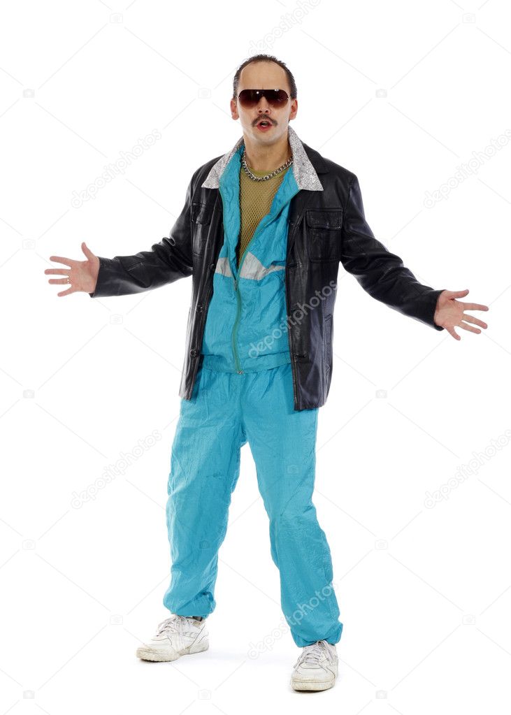 Pimp, wearing a retro tracksuit and leather