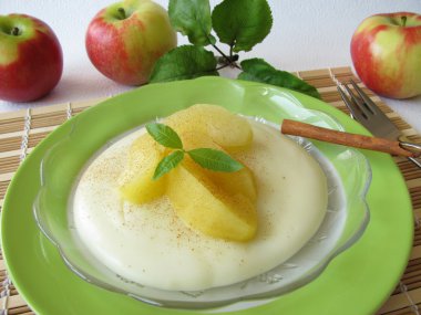 Dessert with blancmange and stewed apples clipart