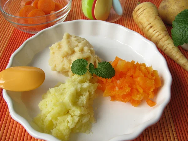 Baby menu with potatoes, carrots and parsnips — Stock Photo, Image