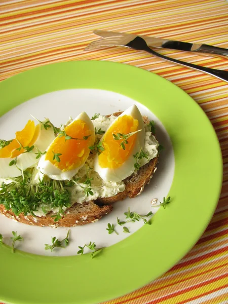 Färskost, ägg och krasse på speltbröd — Stockfoto