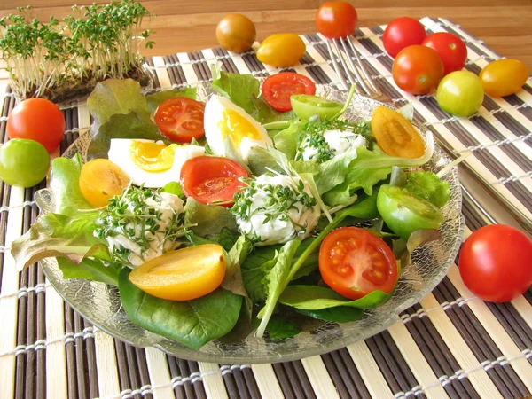 Salad with tomatoes and cream cheese balls with cress — Stock Photo, Image