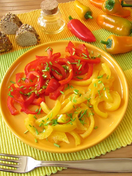 Sweet and sour salad with cooked red and yellow peppers — Stock Photo, Image