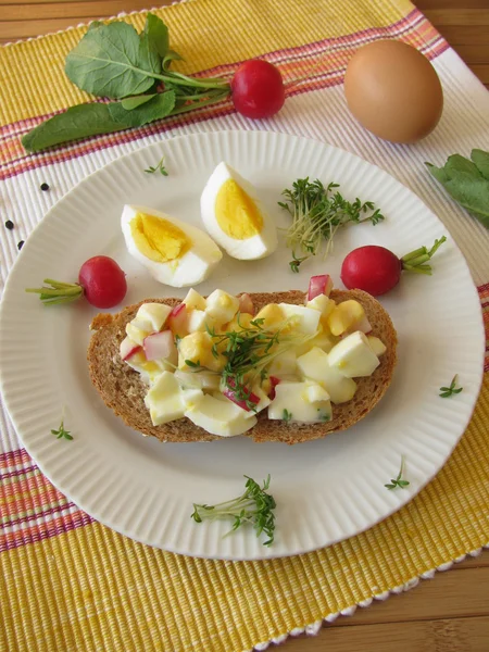 Salada de ovo com agrião e rabanete em pão de espelta — Fotografia de Stock