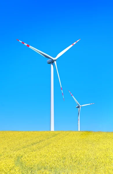 Žluté pole a větrné turbíny — Stock fotografie