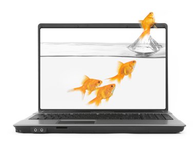 Goldfish jumping out of the notebook clipart