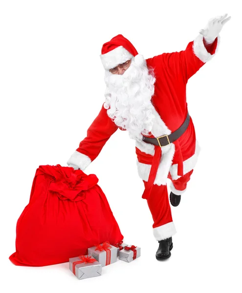 Забавная поза Санта-Клауса на белом — стоковое фото