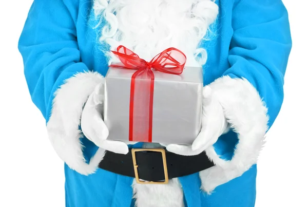 Blue santa holding present — Stock Photo, Image