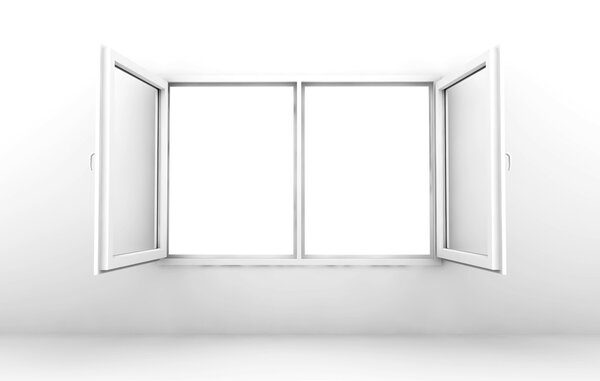Open white window isolated on a white wall