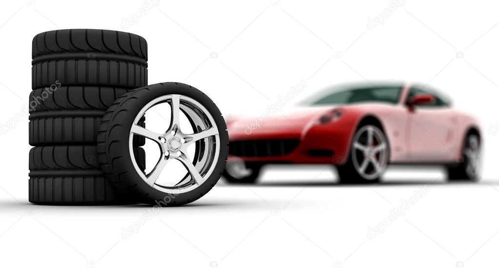 Wheels with a red car on background