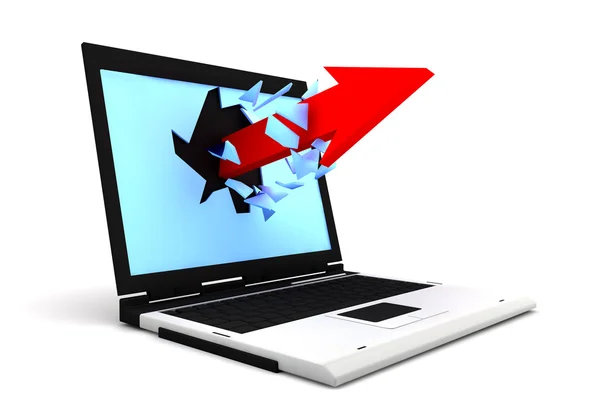 Een Rode Pijlen Door Een Beeldscherm Van Een Laptop Afsluiten — Stockfoto