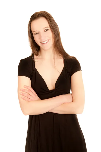 काळ्या ड्रेसमध्ये एक सेक्सी तरुण स्त्रीचे पोर्ट्रेट — स्टॉक फोटो, इमेज