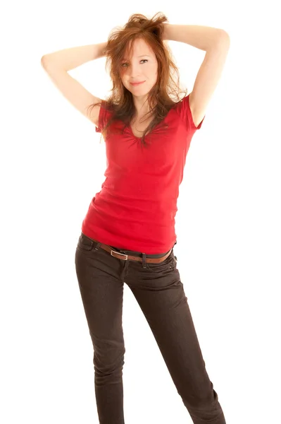 stock image Portrait of beautiful young woman in jeans and red top