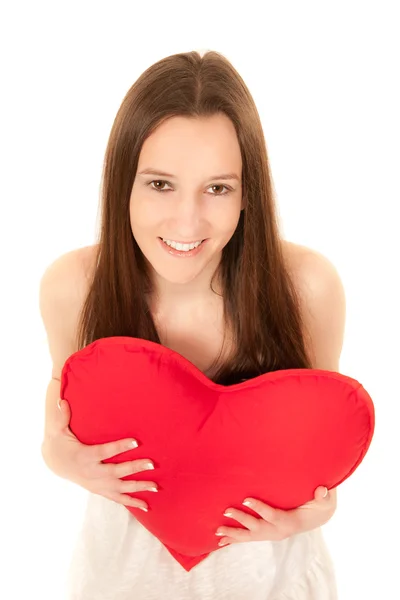 아름 다운 젊은 여 자가 빨간 심장을 들고 — 스톡 사진