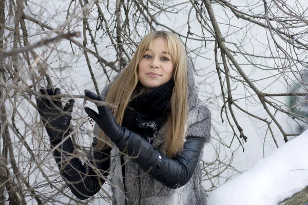 Mädchen Spaziert Winterwald — Stockfoto