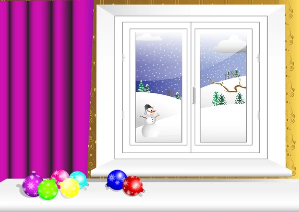 Interiér s oknem. Vánoční koule. vektorové 10eps. — Stockový vektor