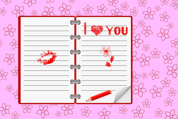 手描きの心と愛のメッセージ鉛筆と紙のノートブック上 ベクトル — ストックベクタ