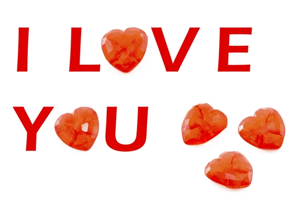 Kärlek Meddelanden Med Glas Hjärtan Isolerat Vita — Stockfoto