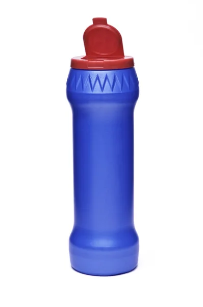 Botella Plástico Azul Oscuro Sobre Fondo Claro — Foto de Stock